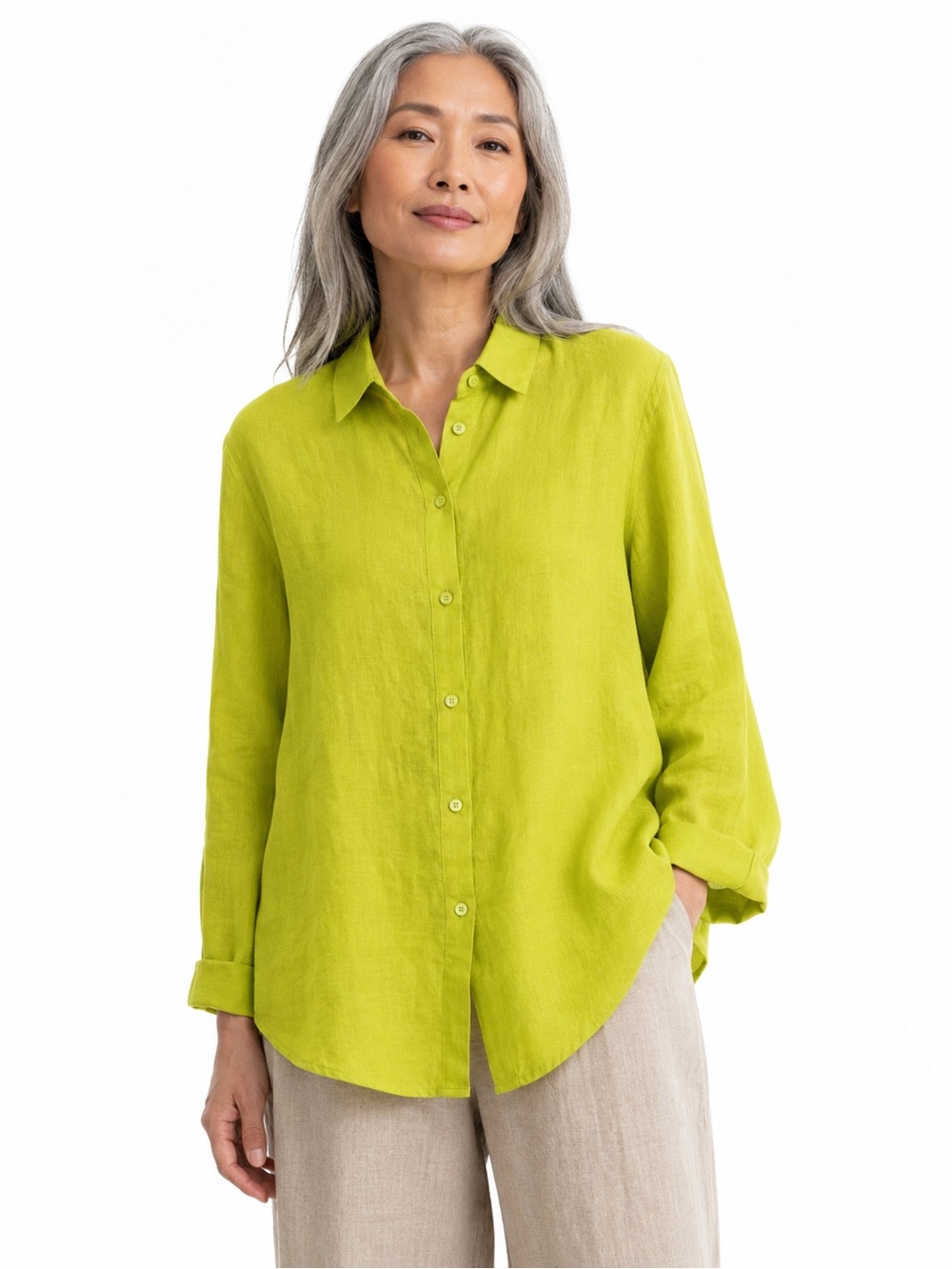 Eileen Fisher Organic Irish Linen Lime Green Relaxed Button Front Shirt M